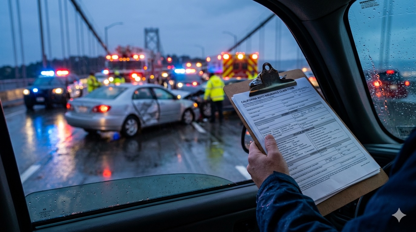 A serious borrowed car accident in California involving a damaged vehicle on a highway.